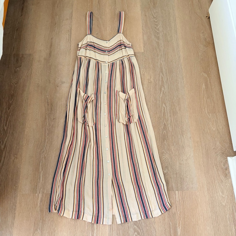 Zara Cream, Red & Navy Striped Button Front Midi Dress - SM